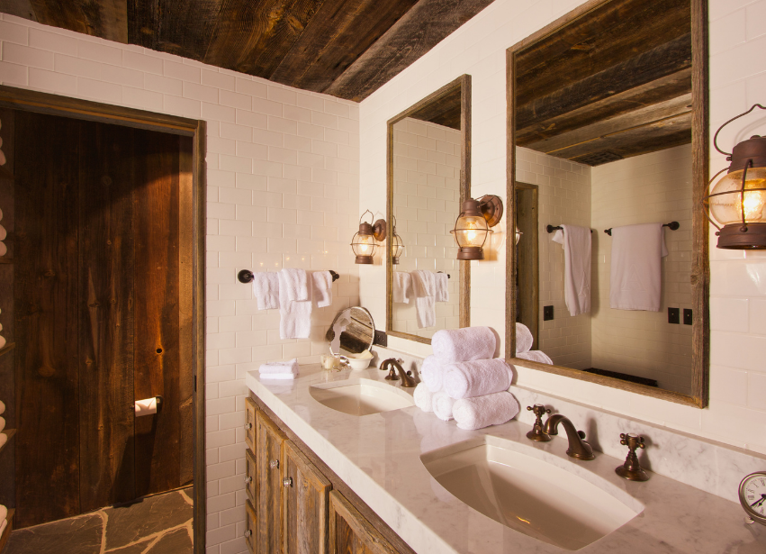 Warm timber bathroom with double vanity and mirrors