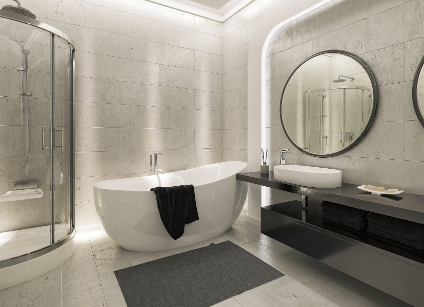 Finished bathroom with freestanding bath and shower enclosure